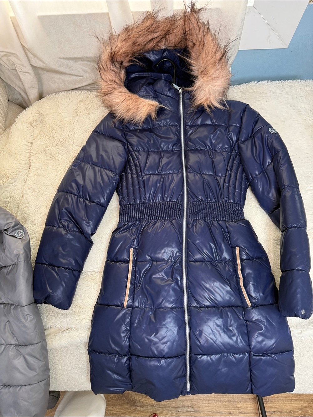 Michael Kors Navy Puffer Coat with Faux-Fur Trim